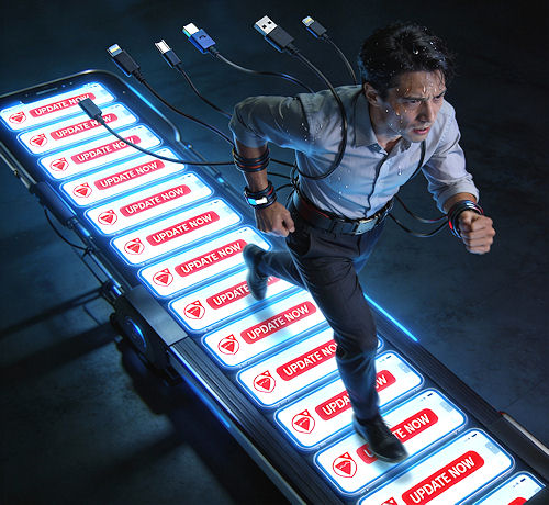 person in business clothes running on a futuristic belt of countless red notification badges and UPDATE NOW buttons with the person tethered  by various charging cables