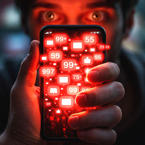 close-up shot of a human hand clutching a modern smartphone where the screen is overwhelmed by a cluster of bright red notification bubbles