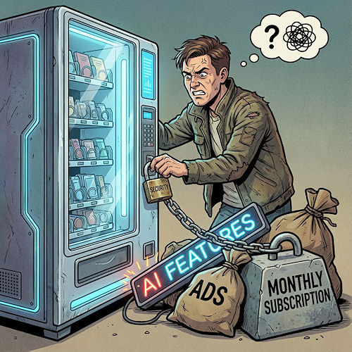 3 illustration of person trying to purchase from vending machine chained to cumbersome pile of unwanted items saying AI FEATURES ADS and MONTHLY SUBSCRIPTION