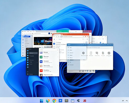 A chaotic Windows 11 desktop screenshot with multiple applications scattered randomly ignoring user layout preference