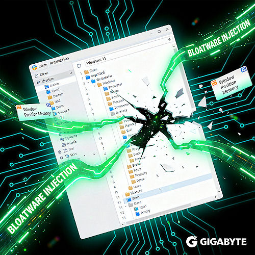 Illustration of digital sabotage inside a computer system disrupted and fragmented by green tendrils labeled BLOATWARE INJECTION and a Gigabyte logo