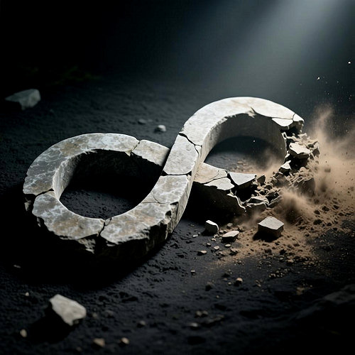 Symbol of infinity made of weathered stone lying on a dark ground broken and crumbling into dust on one side, symbolizing that infinity cannot exist in reality