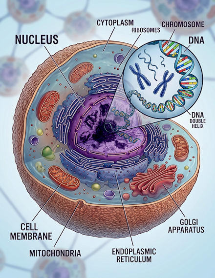 Biological cell containing DNA – AI-generated (with errors!)