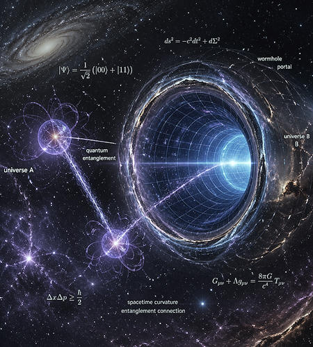 Quantum entanglement with wormhole portal through the universe – AI-generated