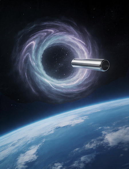 Wormhole portal in the atmosphere with a cylindrical UFO – AI-generated
