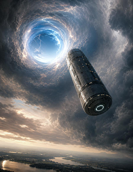 Wormhole portal in the Earth's atmosphere with Unidentified Aerial Phenomena resembling a cylinder form - AI-generated
