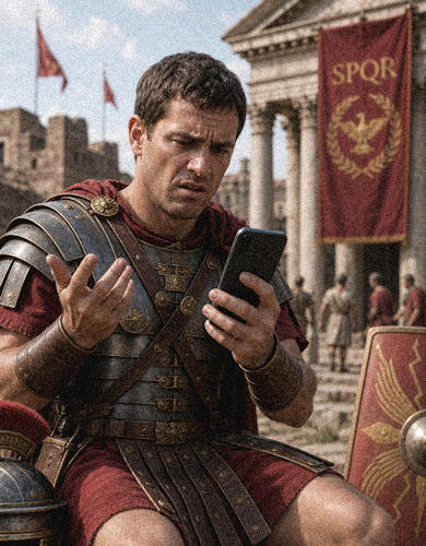 A Roman soldier with a modern smartphone - AI-generated