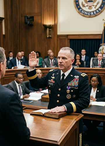Decorated military officer testifying under oath before the U.S. Congress - AI-generated