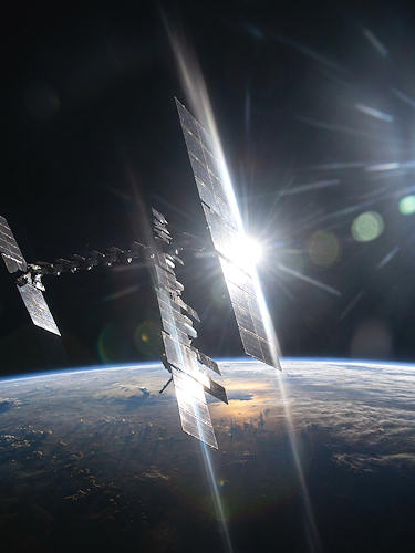 Satellite in orbit reflecting the sunlight - AI-generated
